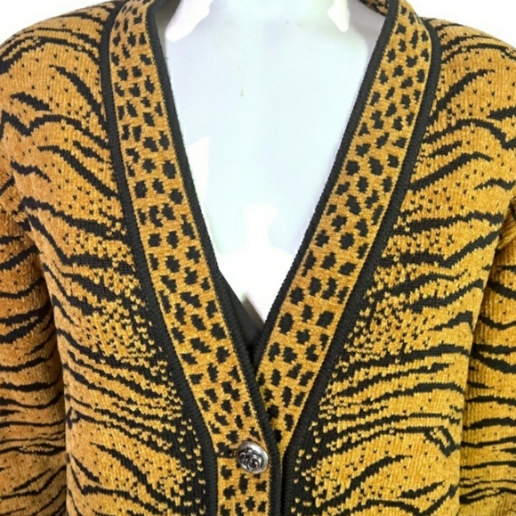 DOLCE BELLA ANIMAL PRINT CARDIGAN CHUNKY OVERSIZED THICK WOOL SWEATER GOLD BLACK - Picture 6 of 10